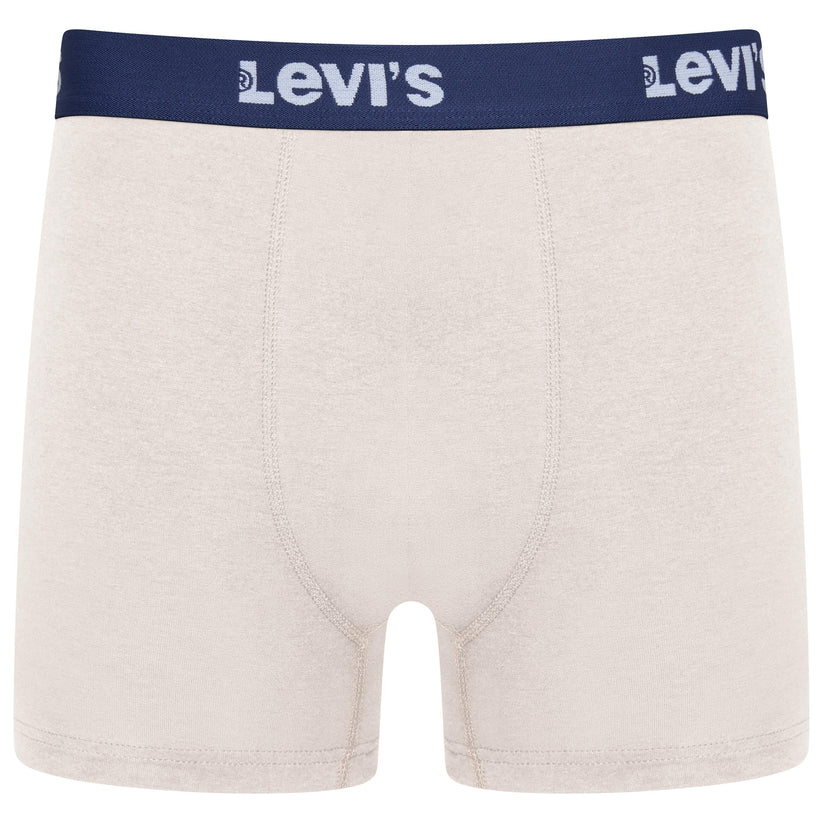 Levi's men's boxer briefs in a light heather cream/off-white color, featuring a navy blue elastic waistband with the white Levi's logo printed on both sides.