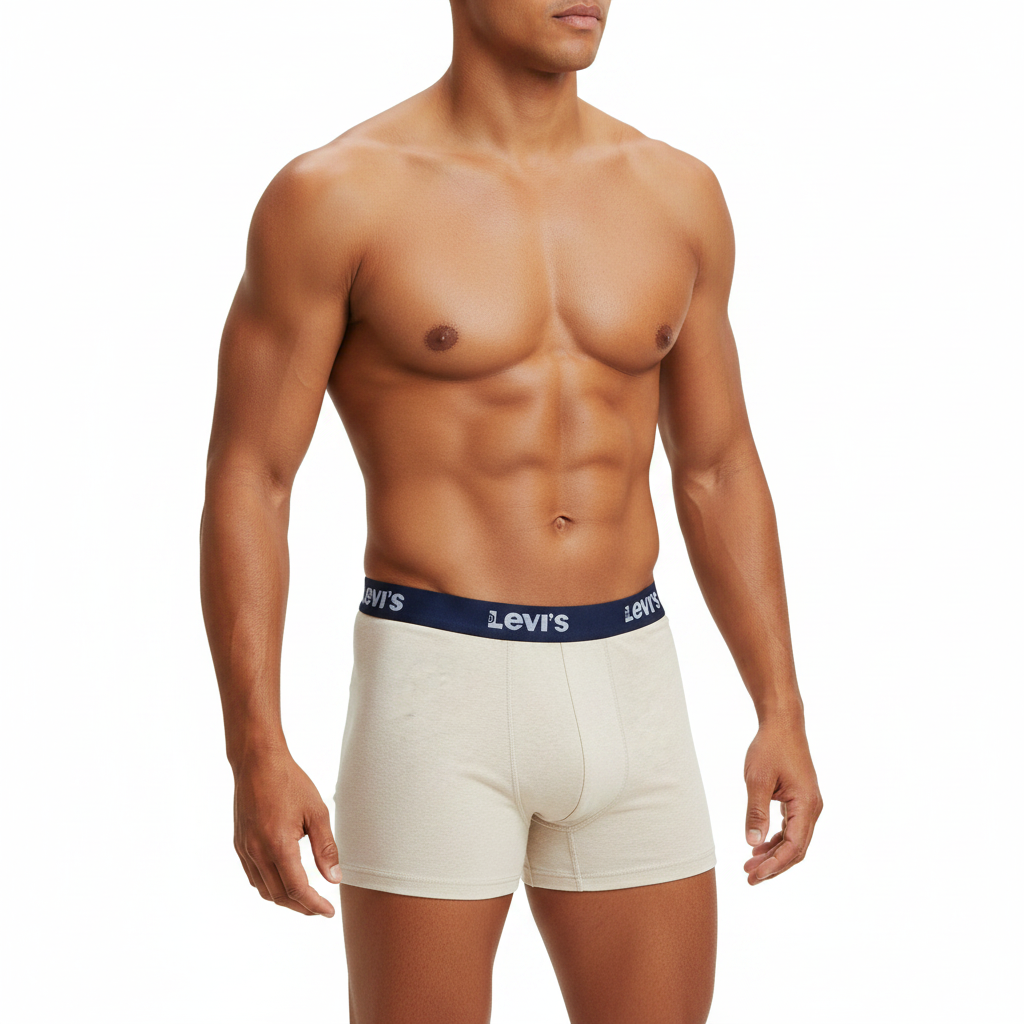 Levi's men's boxer briefs in a light heather cream/off-white color, featuring a navy blue elastic waistband with the white Levi's logo printed on both sides.