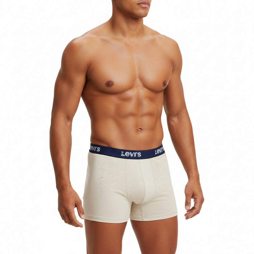 Levi's men's boxer briefs in a light heather cream/off-white color, featuring a navy blue elastic waistband with the white Levi's logo printed on both sides.