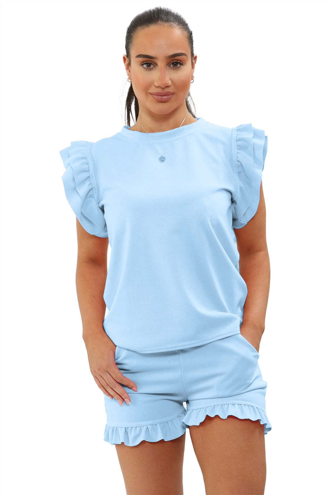 Women's Frill Peplum Sleeve Top & Shorts Set – 2-Piece Casual Tracksuit Outfit