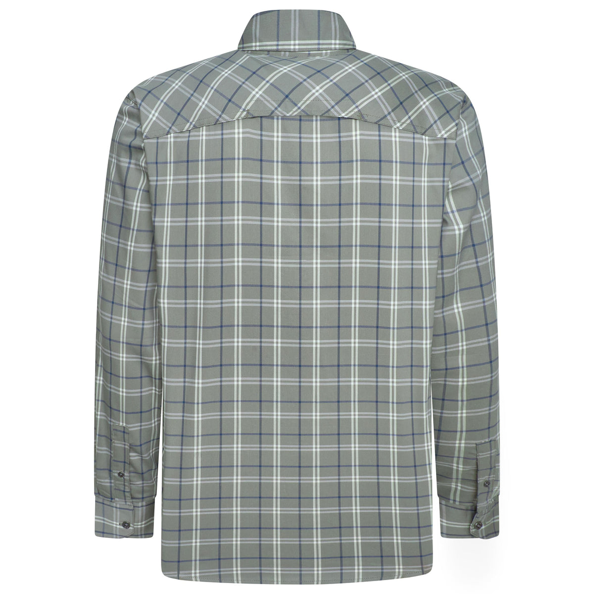 The back view of a long-sleeve plaid button-down shirt in gray, white, and blue, shown on a clean white background.