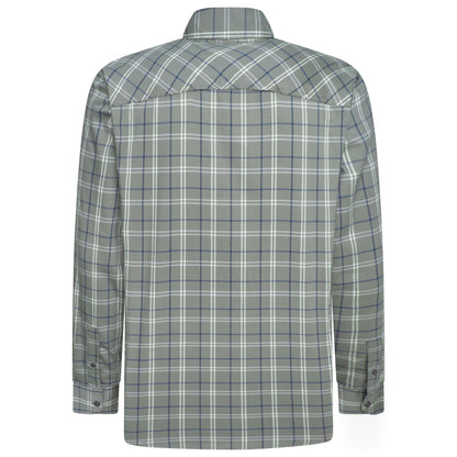 The back view of a long-sleeve plaid button-down shirt in gray, white, and blue, shown on a clean white background.
