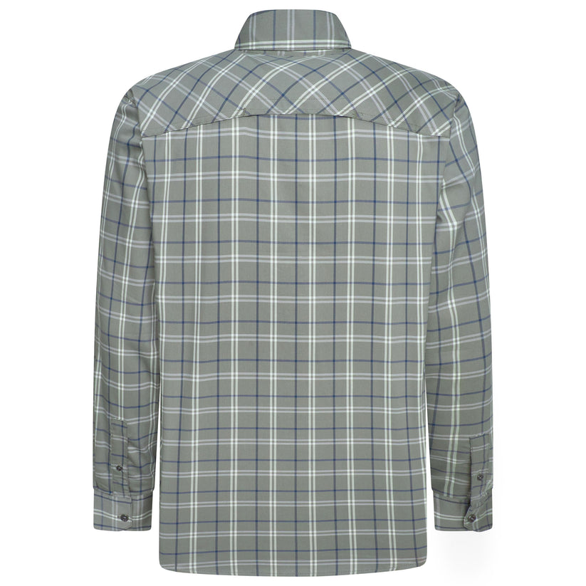 The back view of a long-sleeve plaid button-down shirt in gray, white, and blue, shown on a clean white background.