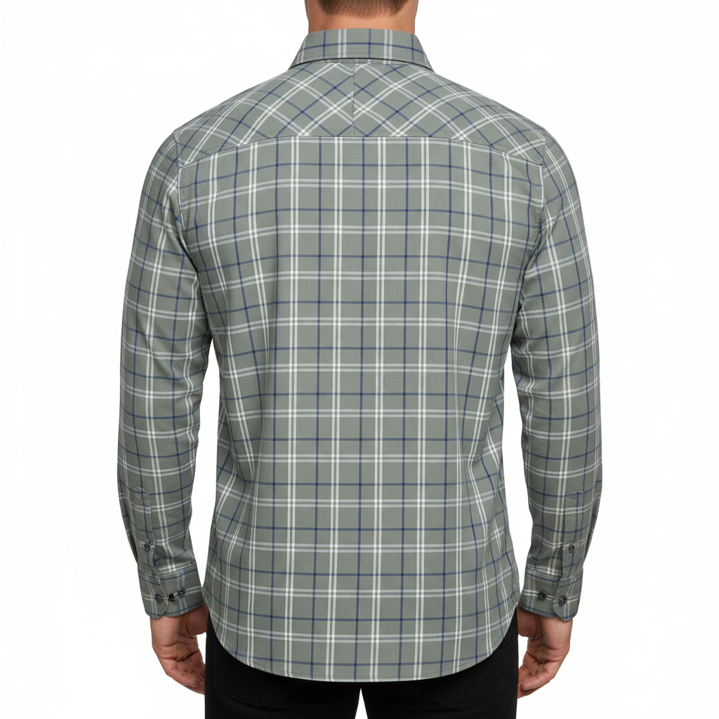 The back view of a long-sleeve plaid button-down shirt in gray, white, and blue, shown on a clean white background.