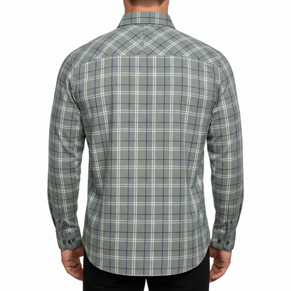 The back view of a long-sleeve plaid button-down shirt in gray, white, and blue, shown on a clean white background.