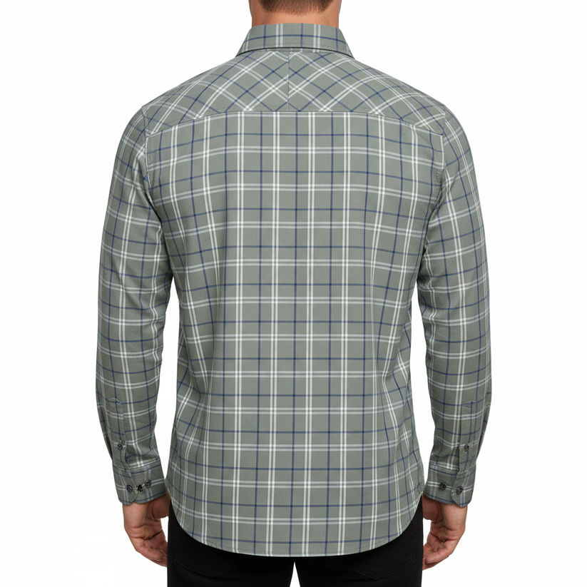 The back view of a long-sleeve plaid button-down shirt in gray, white, and blue, shown on a clean white background.