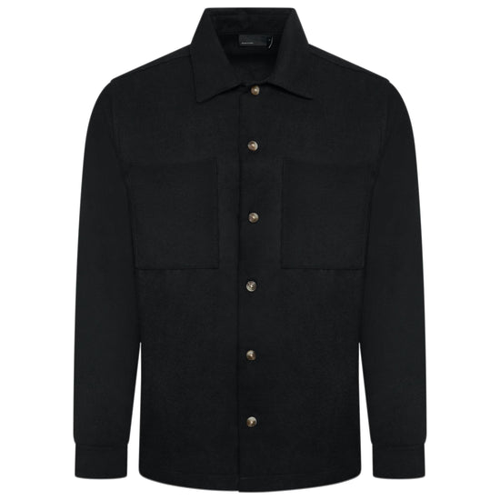 A black long-sleeve button-up shirt jacket with a pointed collar, two chest flap pockets, and small metallic buttons, shown on a plain white background.