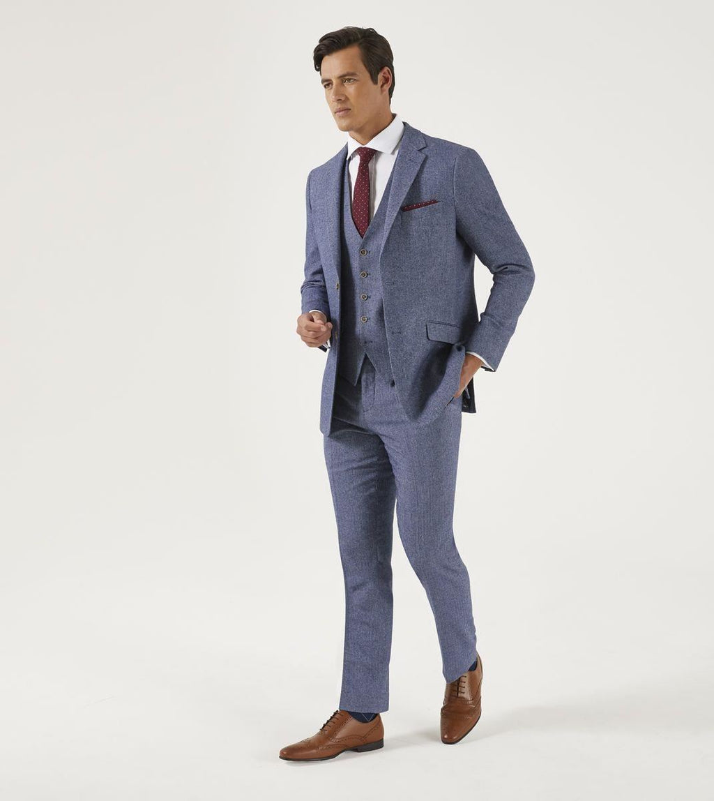 Skopes Men's Tailored Fit Suit Trouser Jude Herringbone in Blue Waist 32 to 56