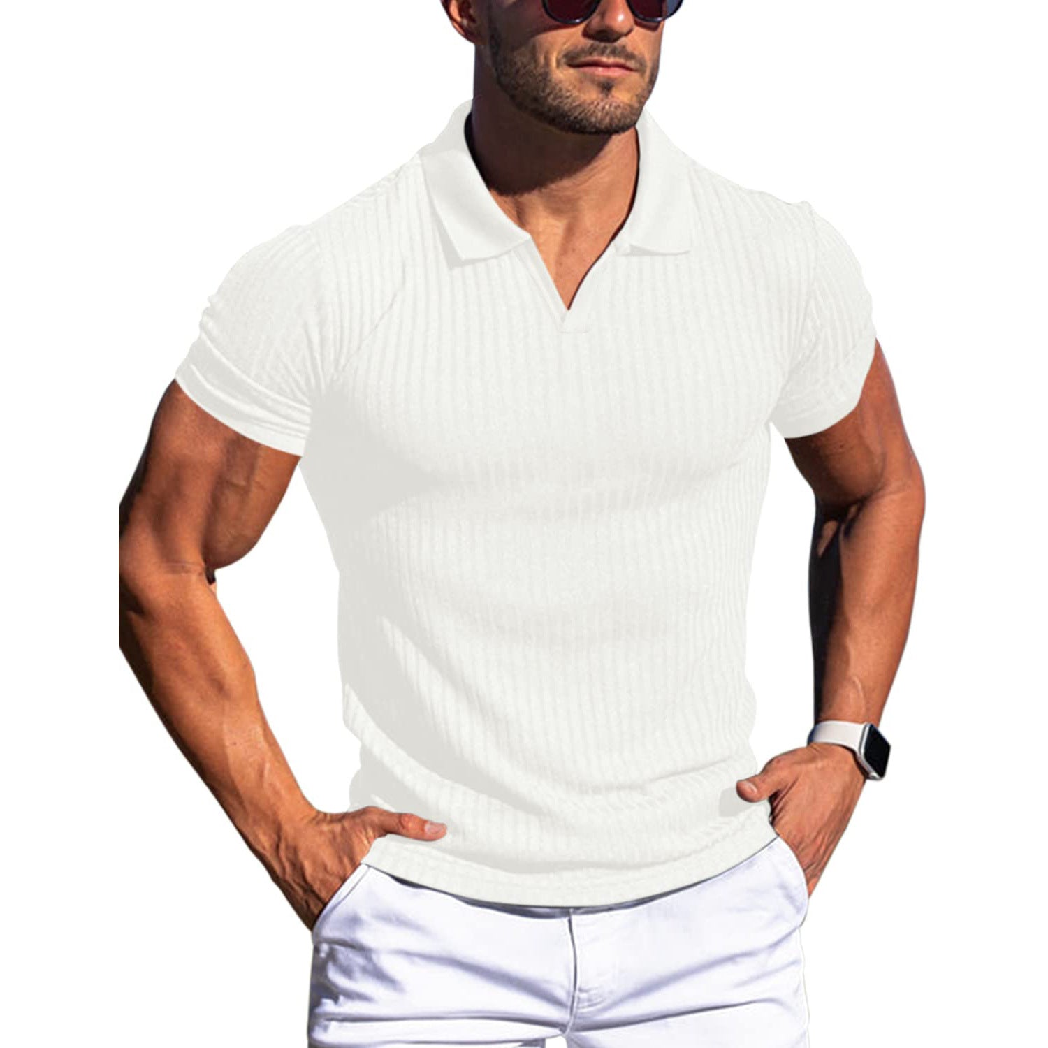 Men’s Vertical Stripe Polo Shirt V-Neck Short Sleeve Lapel Casual T-Shirt
