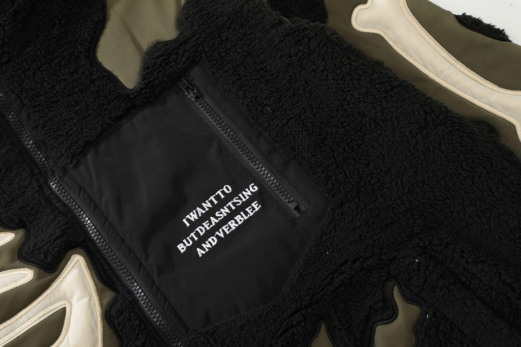 Lamb Wool Stitching Skeleton Embroidered Cotton-Padded Winter Coat - American Retro Style