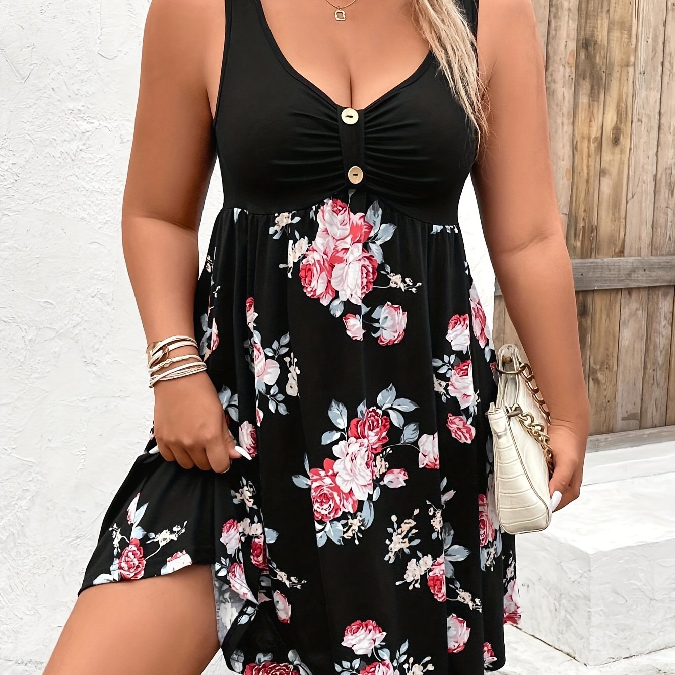 Plus Size Floral Print Patchwork Gathered Tank Dress, Vacation Style Button Front Sleeveless V Neck Dress