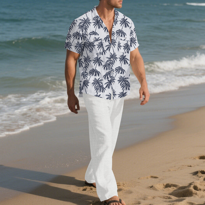Casual Loose Shirt and Trousers Set, Two-pieces Beach Suit For Men