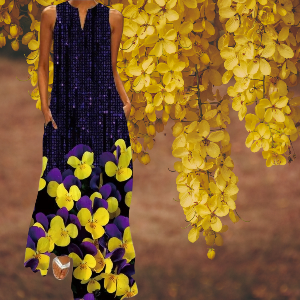 Boho Retro V-Neck Sleeveless Maxi Dress – Artistic Summer Long Dress for Women