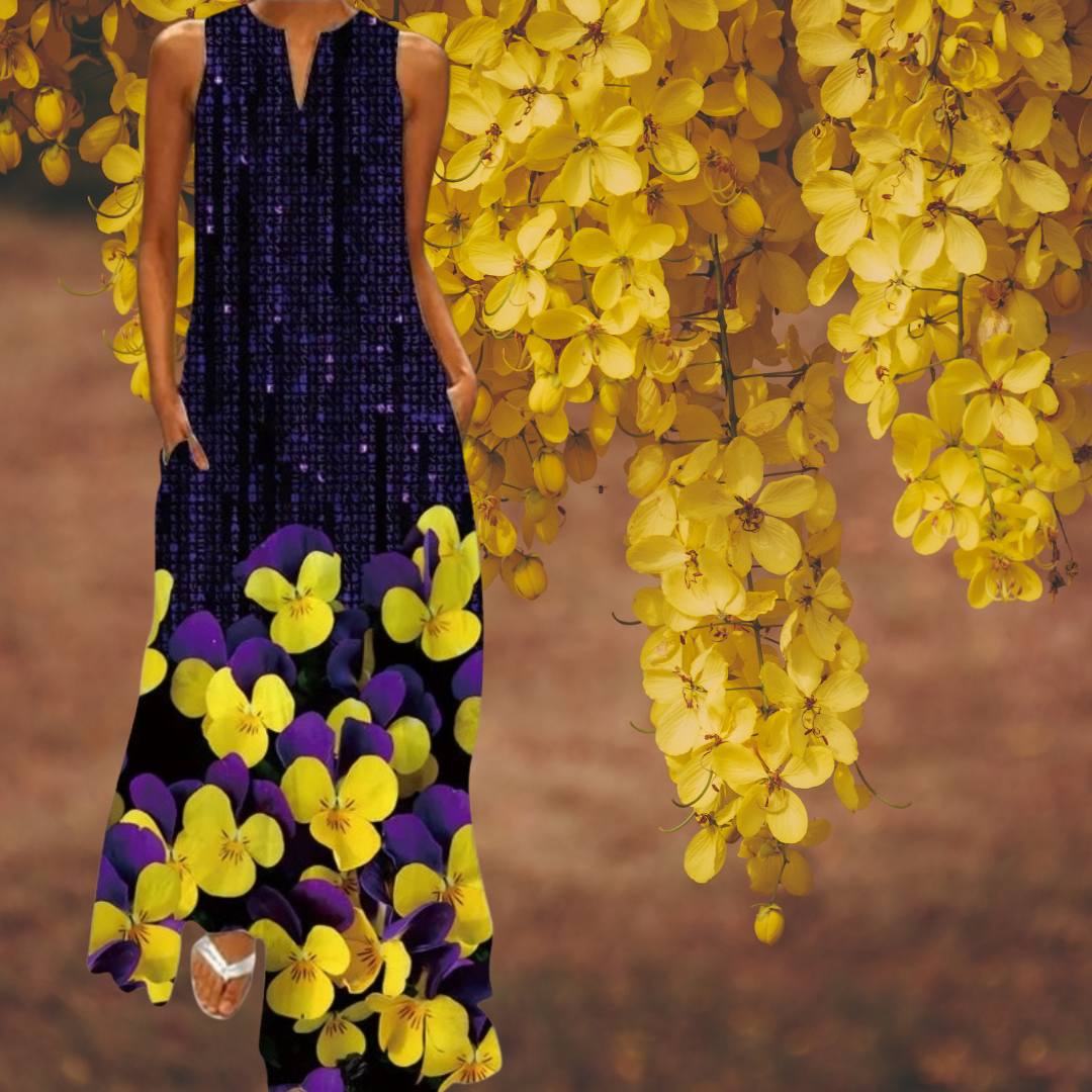 Boho Retro V-Neck Sleeveless Maxi Dress – Artistic Summer Long Dress for Women