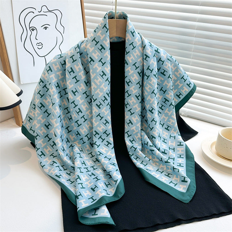 Women's Premium Twill Silk Scarf, Large Printed 90/90cm Striped Square Scarf