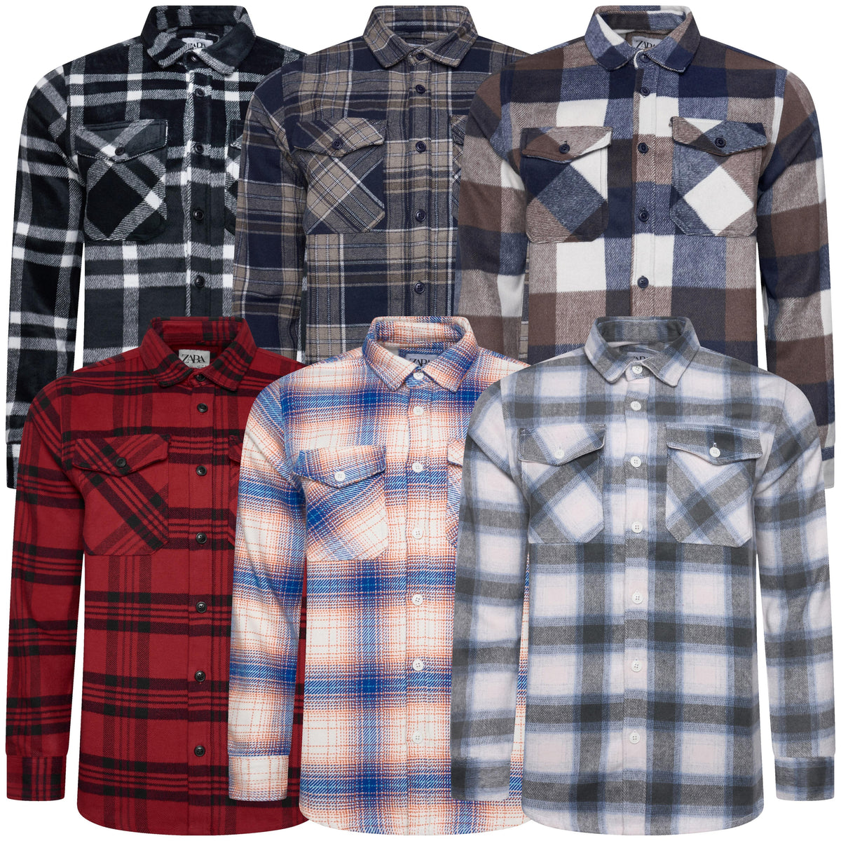 Six men's long-sleeve plaid button-up shirts arranged in a collage, featuring different colorways including black and white, navy and brown, red and black, peach and blue, and gray and white.