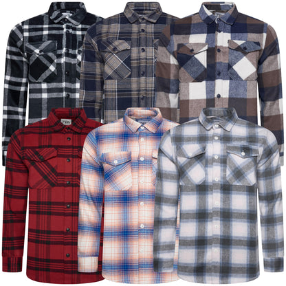 Six men's long-sleeve plaid button-up shirts arranged in a collage, featuring different colorways including black and white, navy and brown, red and black, peach and blue, and gray and white.