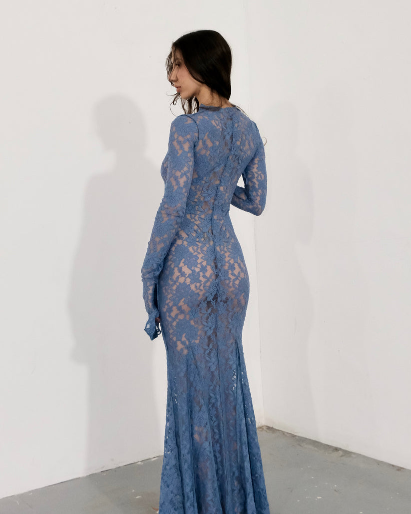 Blue Lace Floral Vintage Maxi Dress & Head Scarf (Optional) - QHA UK
