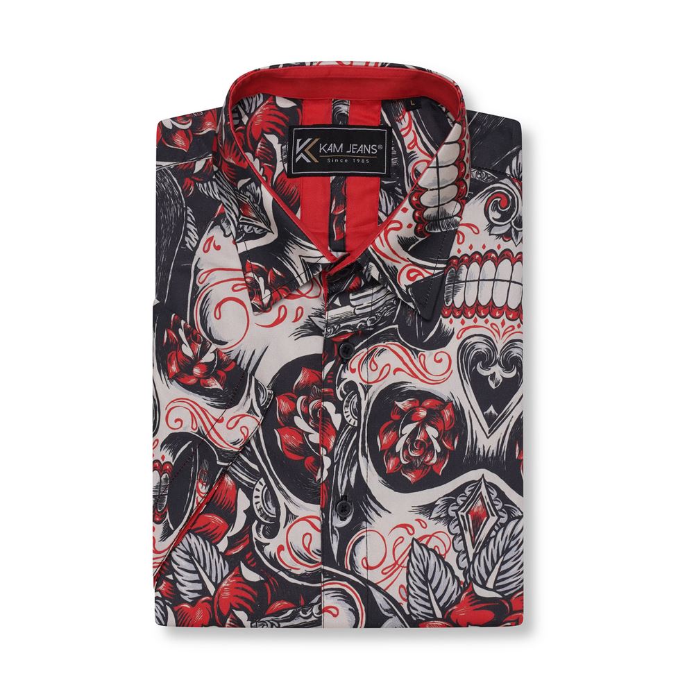 KAM Skull And Roses Print Short Sleeve Shirt For Men in Black, 2XL-8XL