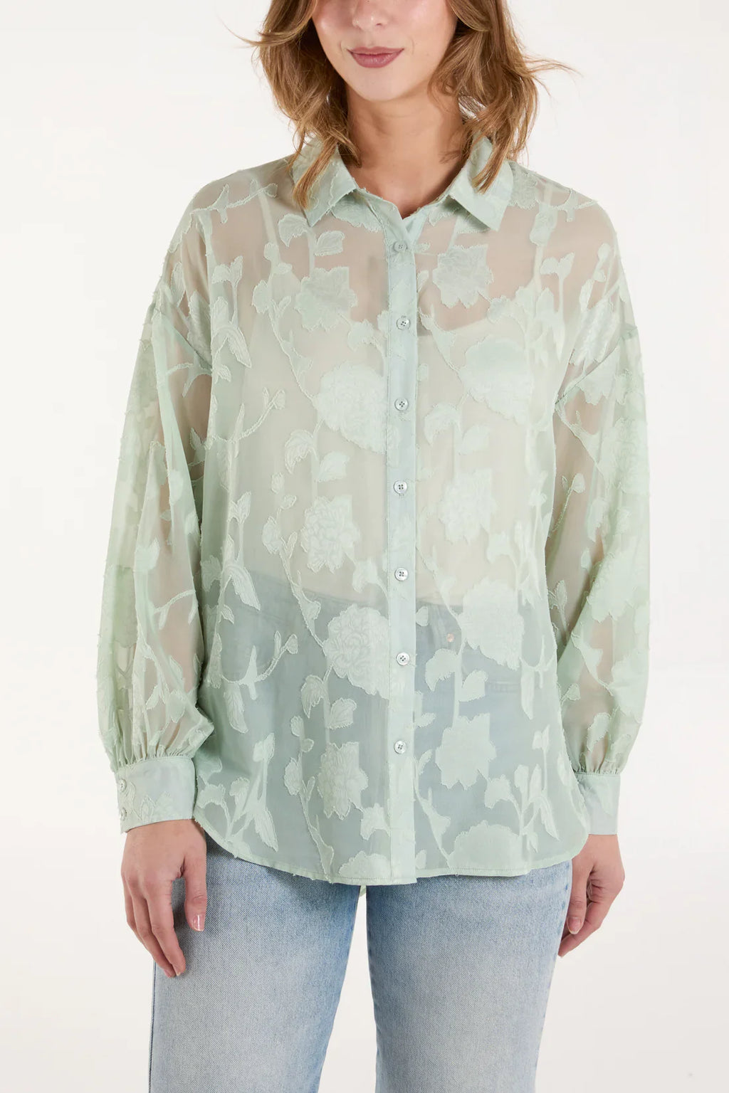 Sheer Floral Devore Shirt Mint | Lightweight Button-Up Blouse