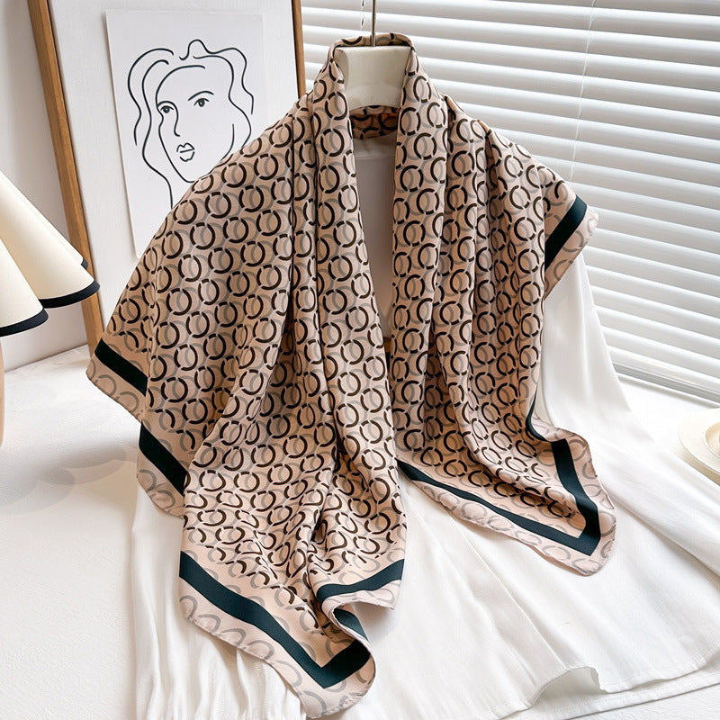 Women's Premium Twill Silk Scarf, Large Printed 90/90cm Striped Square Scarf