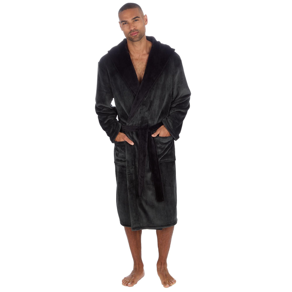 Pierre Roche Men's Hooded Fleece Dressing Gown with Contrast Belt & Pockets