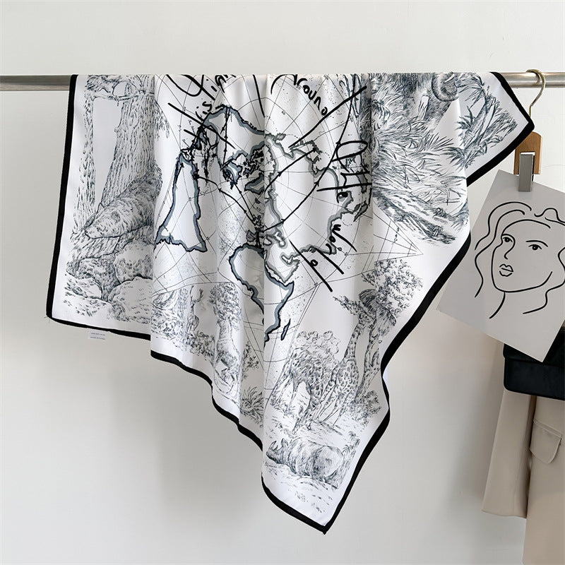 Women's Premium Twill Silk Scarf, Large Printed 90/90cm Striped Square Scarf