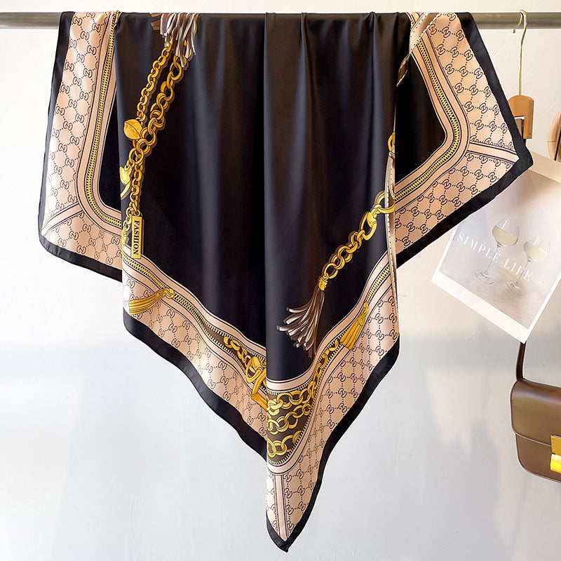 Women's Premium Twill Silk Scarf, Large Printed 90/90cm Striped Square Scarf