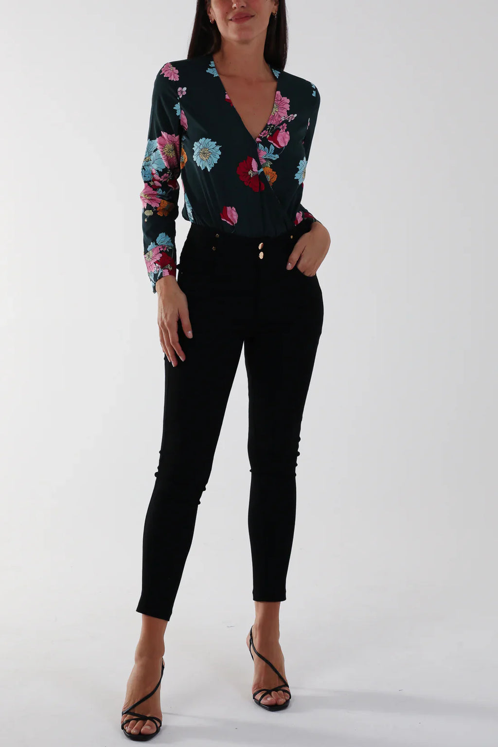 Wrap Front Floral Bodysuit | Long Sleeve V-Neck | Sizes 10–16