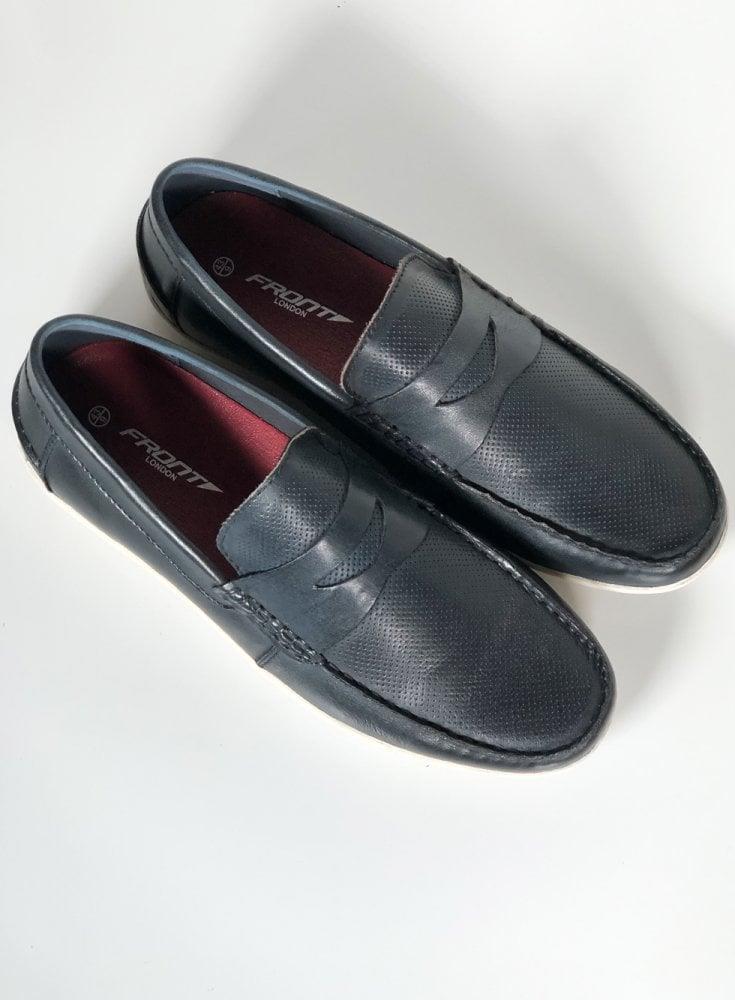 Front Men's Hamilton Casual Leather Loafer Slip On Shoes in Black