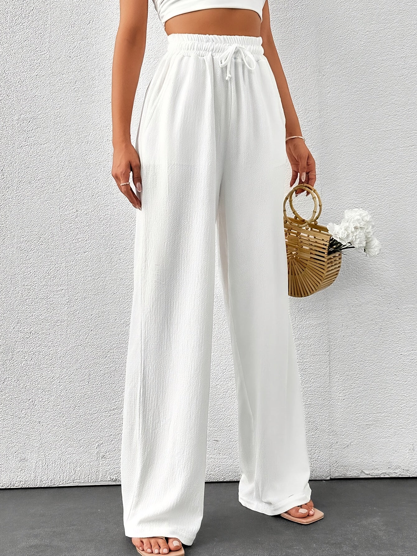 Women's Elegant High-Waist Drawstring Wide Leg Pants