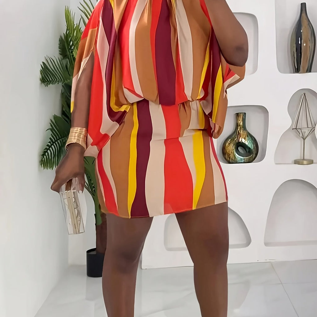 Women's Plus Size Fashion Casual Striped Short Dress with Tie Neck Detail