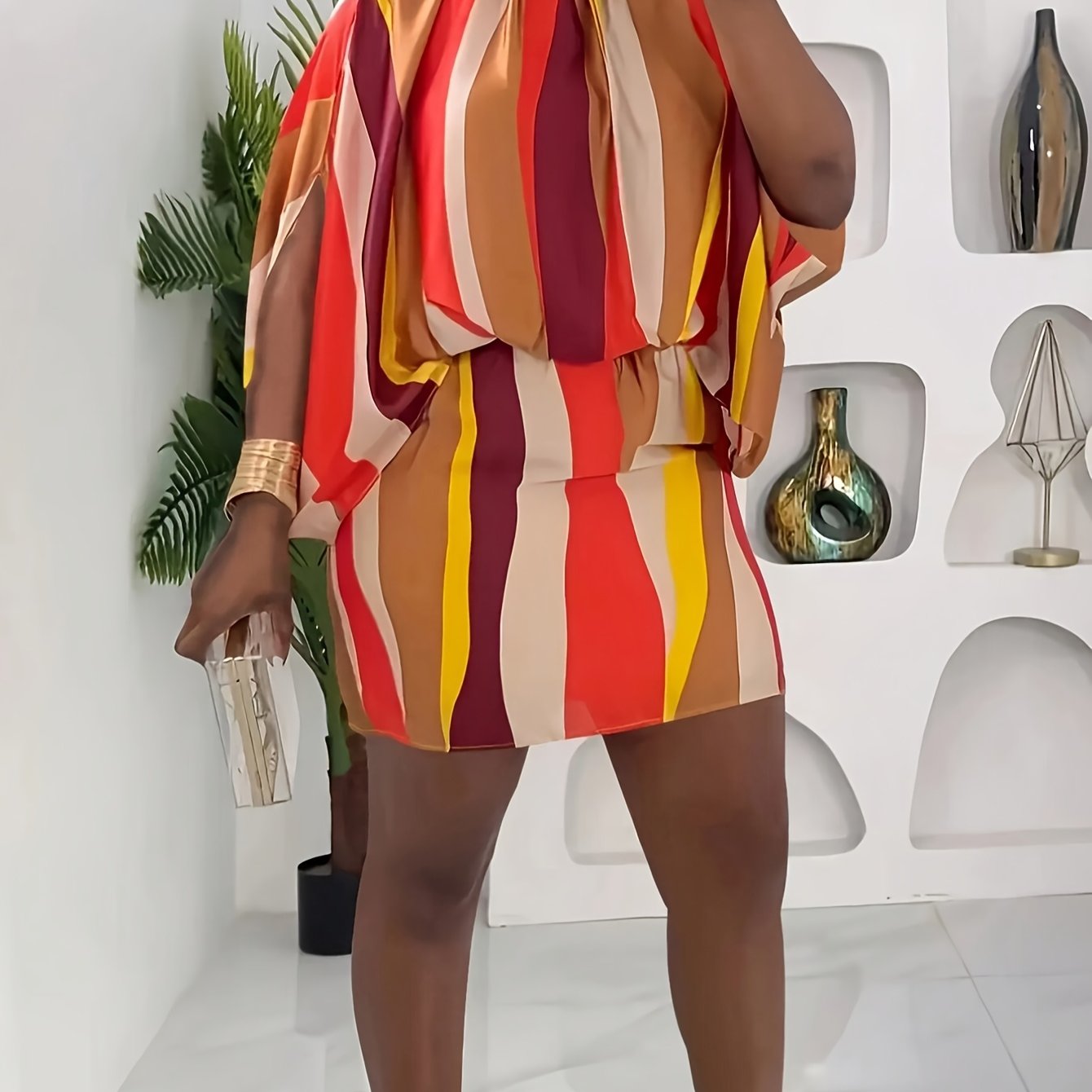 Women's Plus Size Fashion Casual Striped Short Dress with Tie Neck Detail