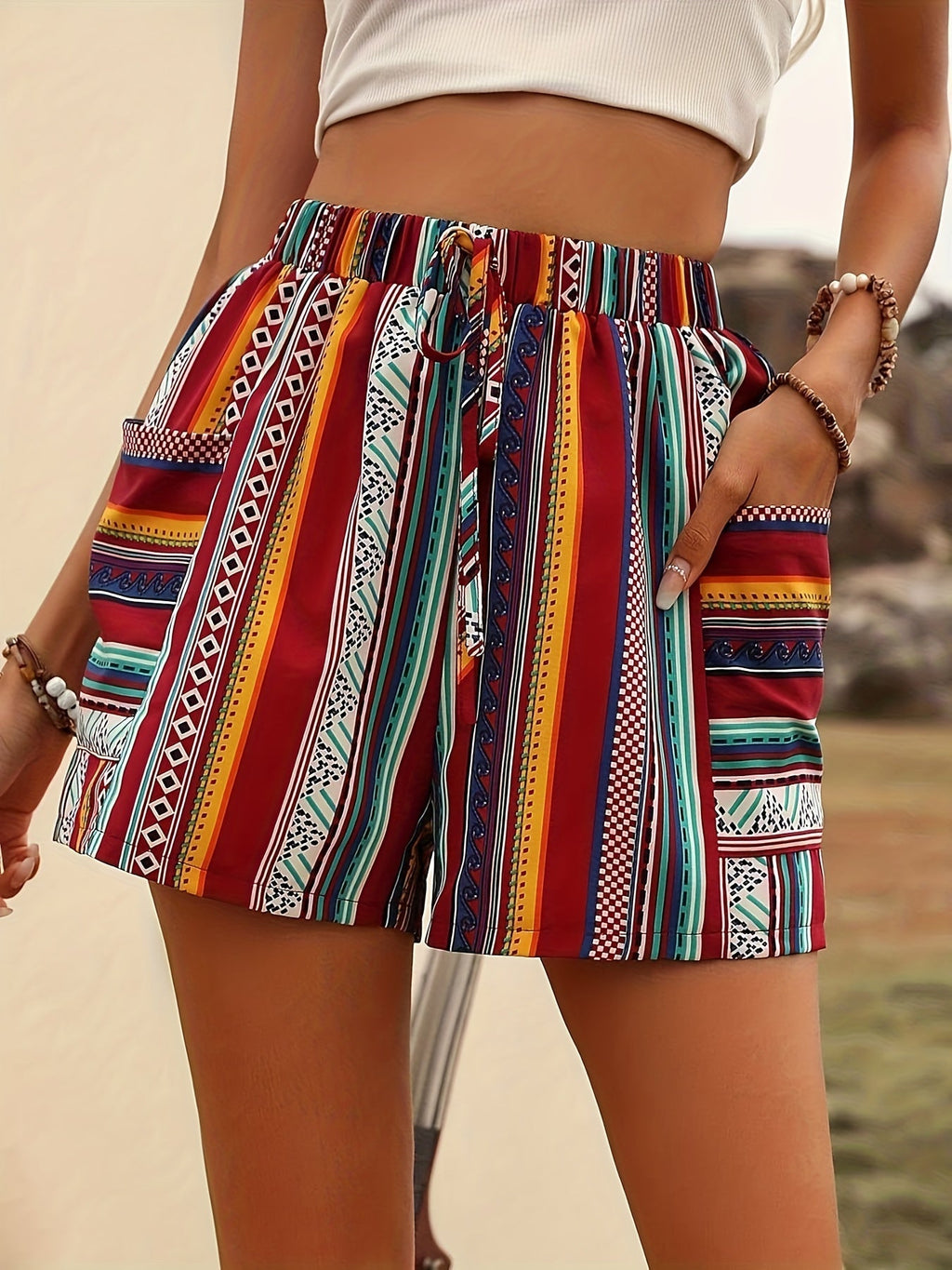 Bohemian High-Waisted Women's Shorts, 100% Polyester Woven Fabric, Summer Striped Pattern with Pockets, Casual Printed Shorts for Ladies