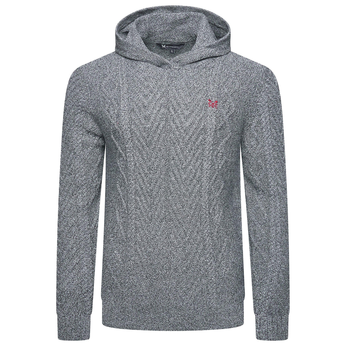 A gray textured knit hoodie with a small red embroidered butterfly logo on the left chest, displayed on a clean white background.
