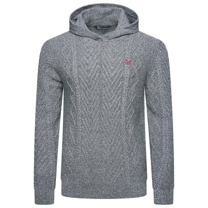 A gray textured knit hoodie with a small red embroidered butterfly logo on the left chest, displayed on a clean white background.
