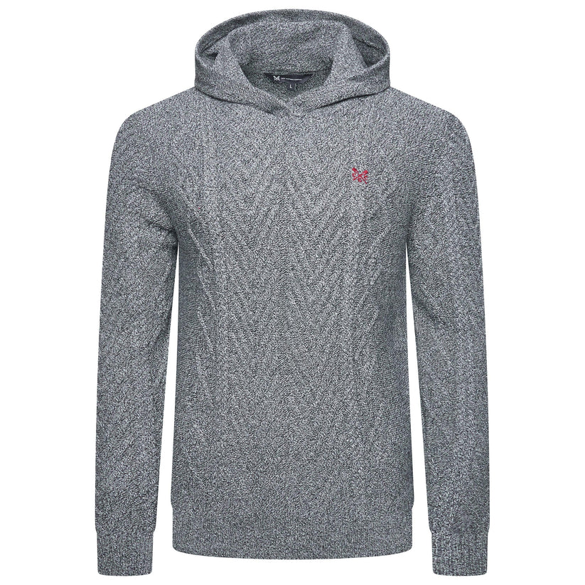 A gray textured knit hoodie with a small red embroidered butterfly logo on the left chest, displayed on a clean white background.