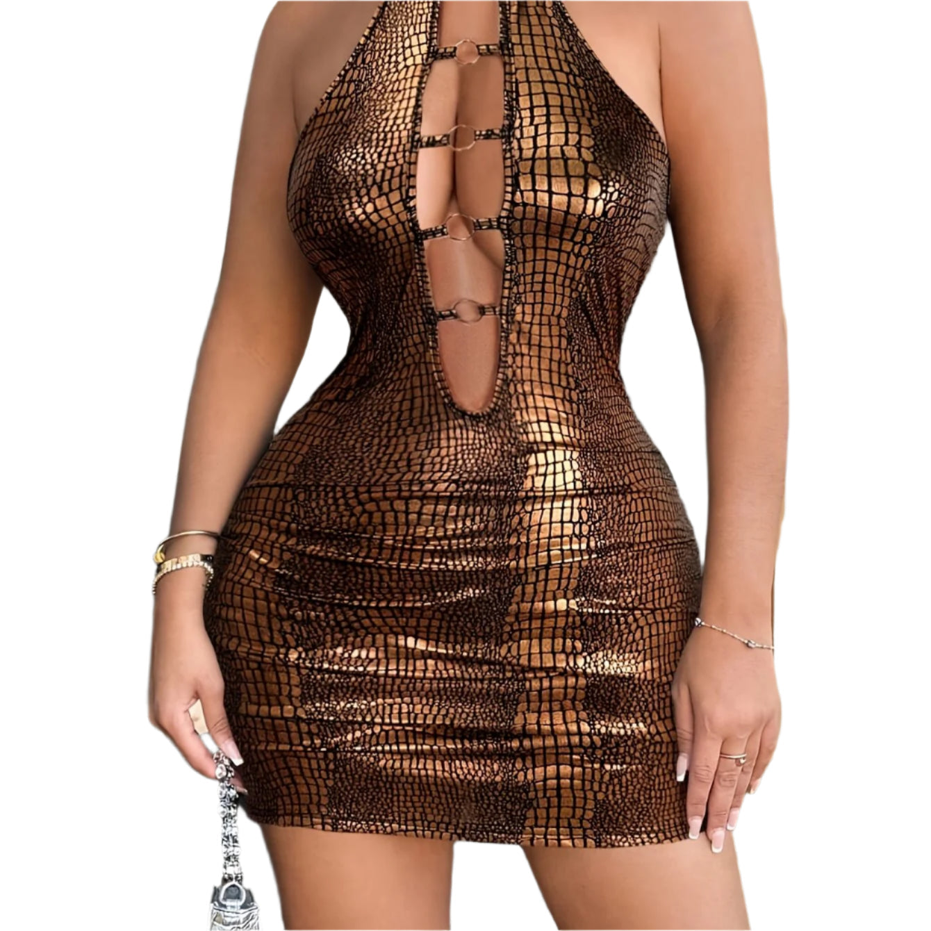 Chic Halter Mini Skirt with Deep V-Neck and Eyelet Detailing - Bodycon, Hollow-Out Design Dress for Women