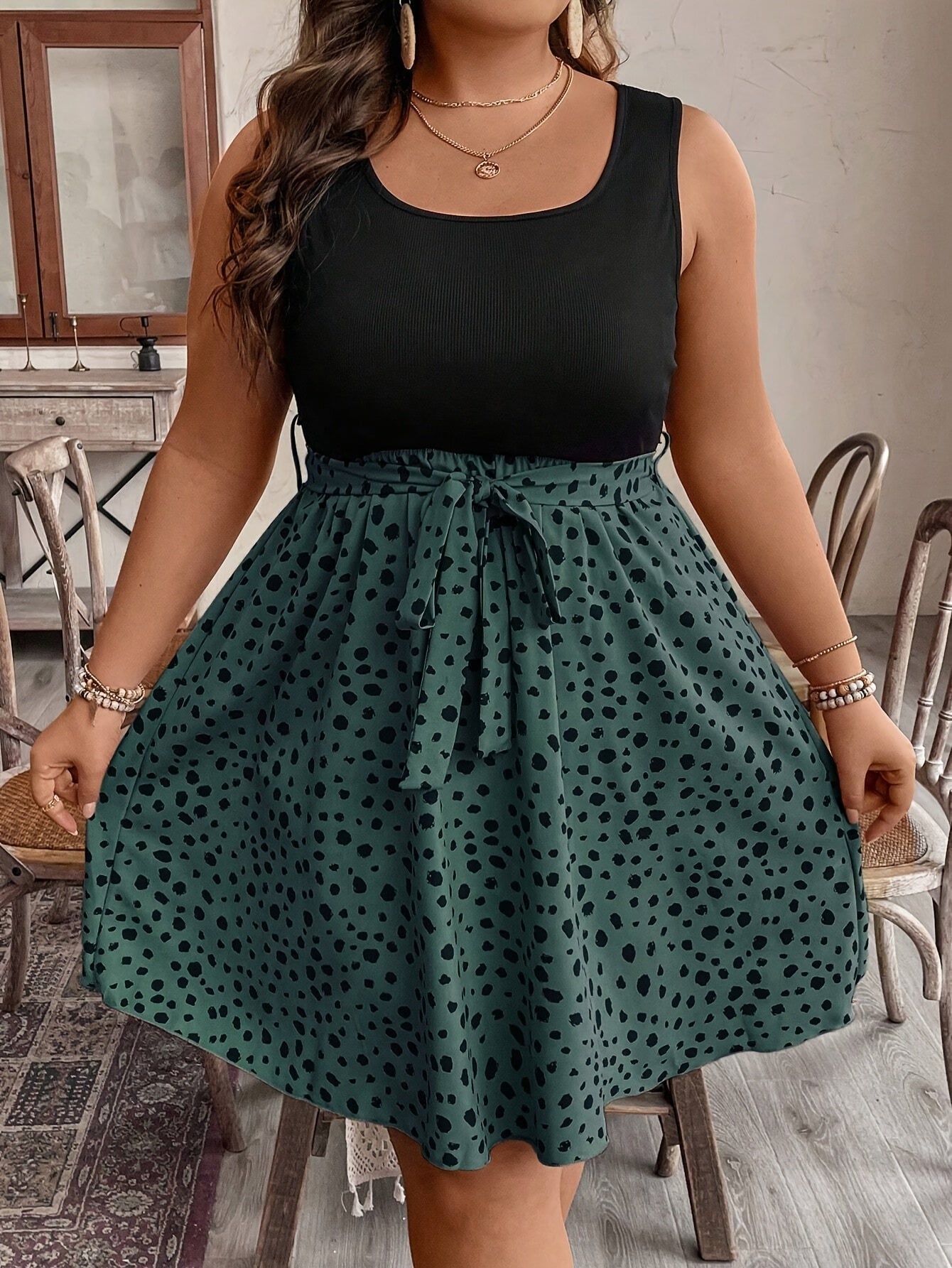 Plus Size Two-Tone Polka Dot Sleeveless Summer Dress with Ruched Detail and Belted Waist Dress