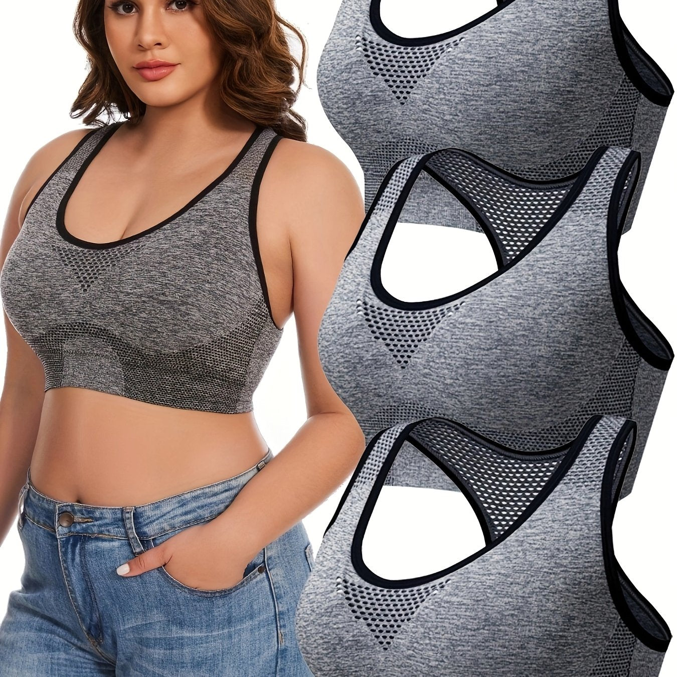 3pcs Plus Size Sports Bras Low Support, Polyamide Blend, Hollow Mesh Design - Casual Wear for Women's Activewear