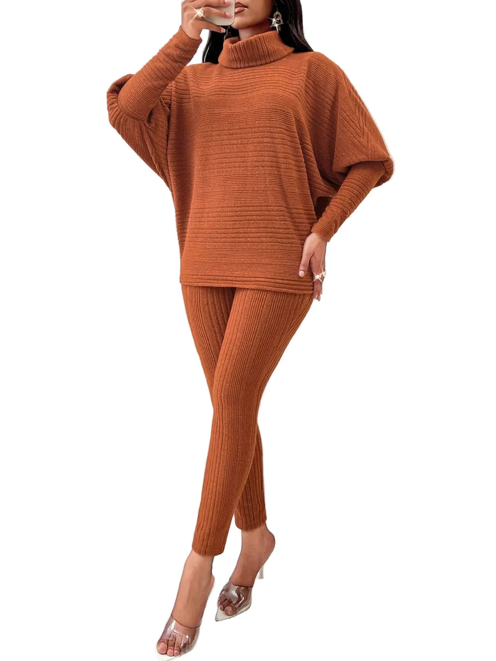 Turtleneck Batwing Sleeve Top and Pants Set