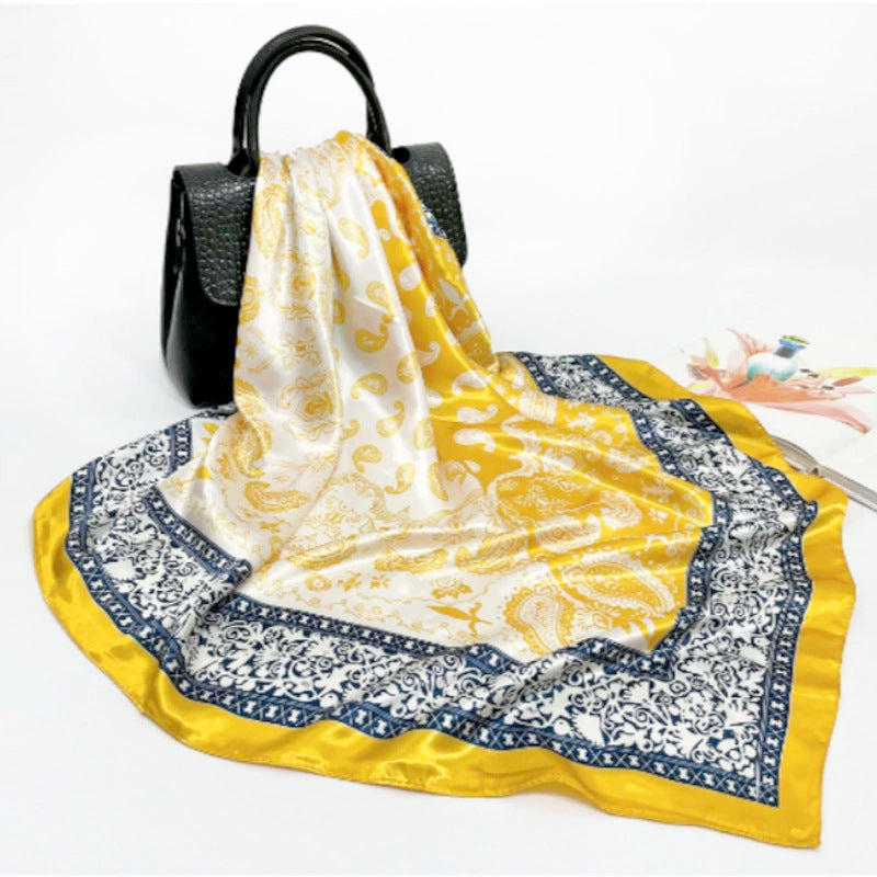 Classic Cashew-patterned Silk Satin Scarf, Printed Headscarf for Women, 90/90cm Square Scarf