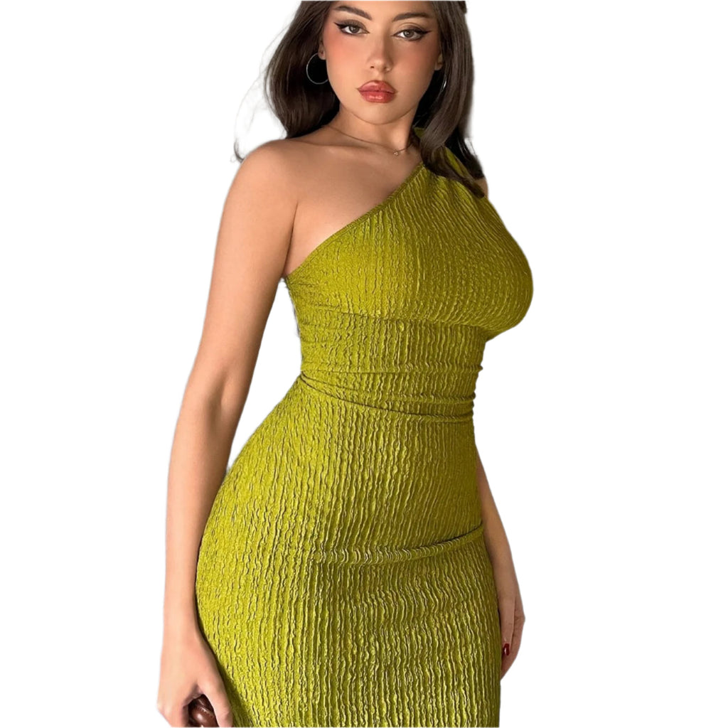 Elegant One Shoulder Textured Asymmetrical Bodycon Sleeveless Dress