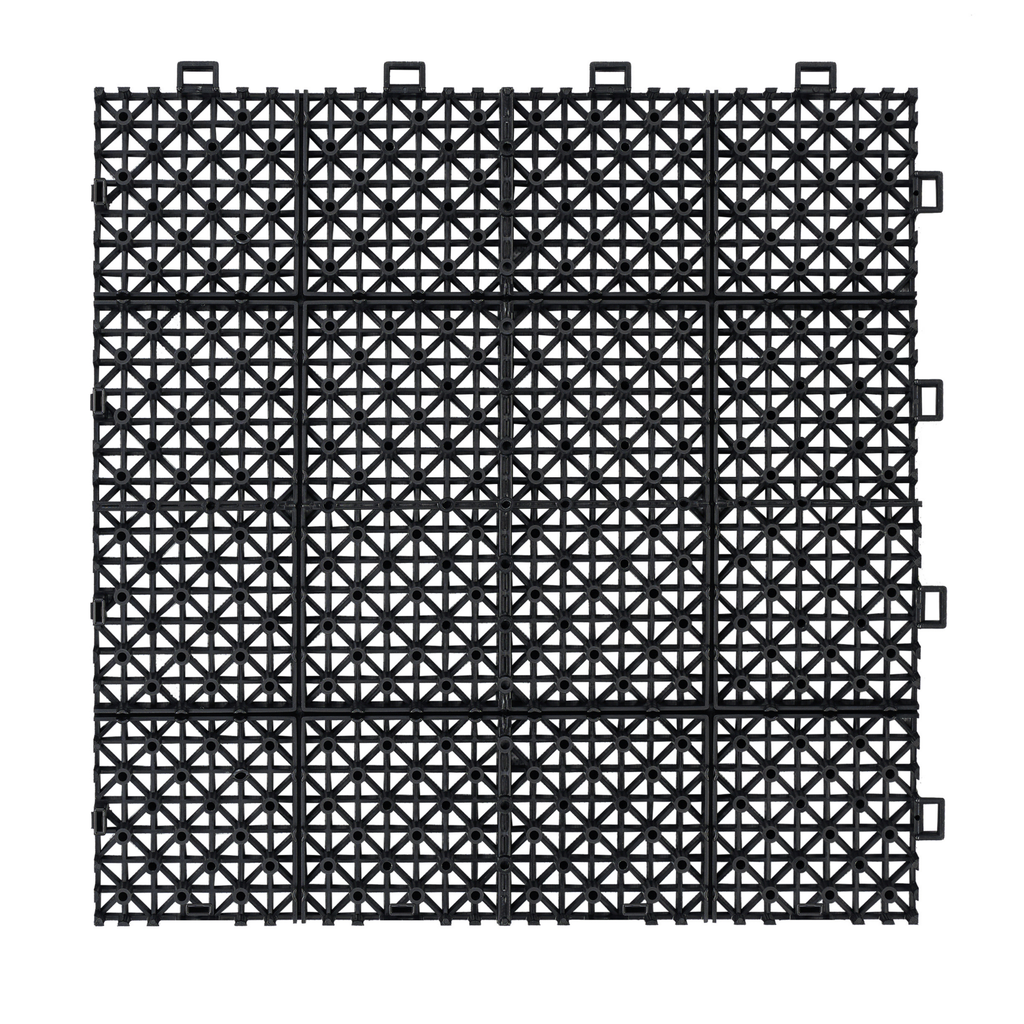 12 x 12 inch black interlocking deck tiles, plastic waterproof, weighing up to 6613 pounds, with a rose pattern pack of 12
