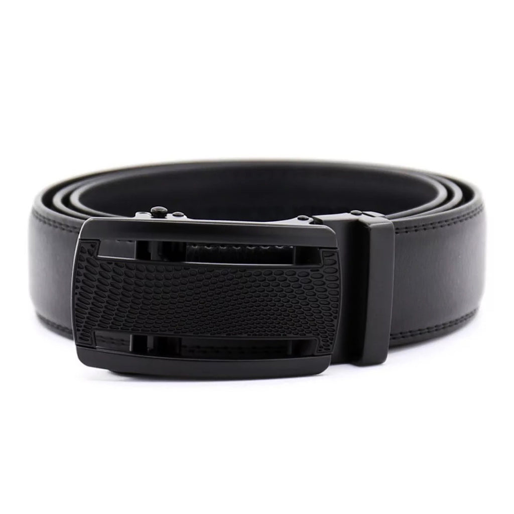 QHA Mens 35mm Ratchet Leather Belt, Polished Black Plastic Grid Buckle Q5085