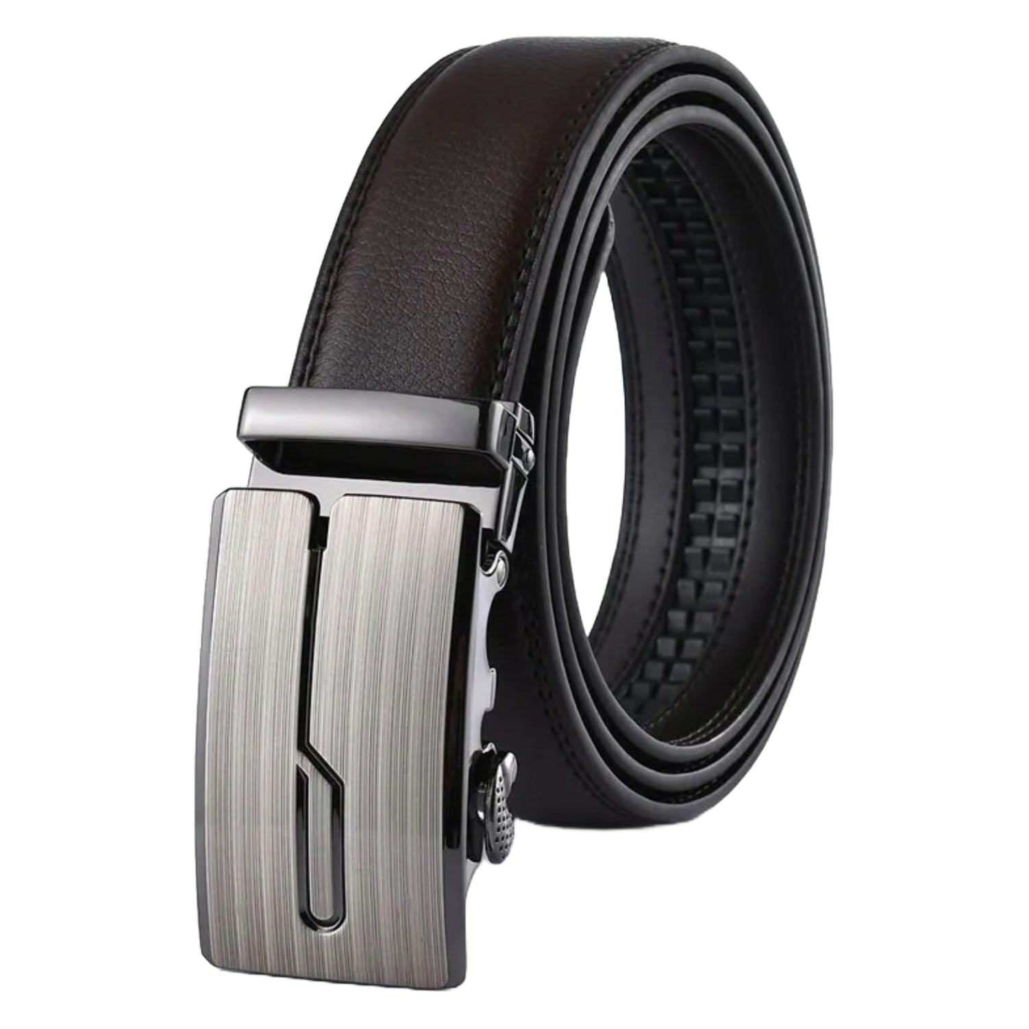 QHA Mens 35mm Ratchet Leather Belt, Brushed Silver J-Line Automatic Buckle Q67