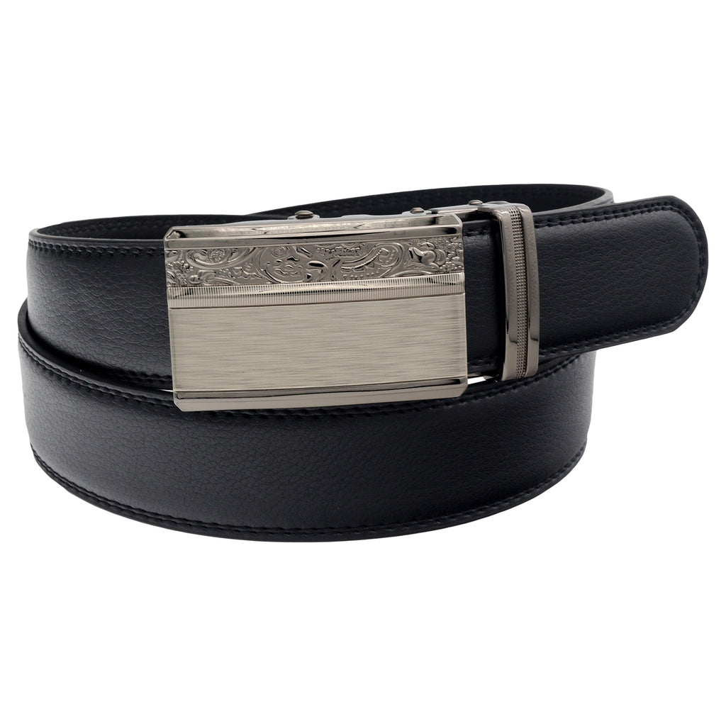 QHA Mens 35mm Ratchet Leather Belt, Gunmetal Carbon Fiber Buckle Q5088