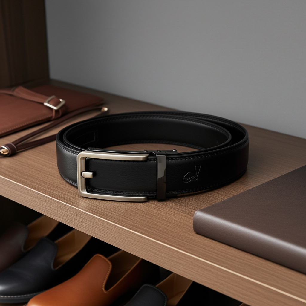 QHA Mens 35mm Ratchet Leather Belt, Silver, Gunmetal, Black Automatic Buckle Q35