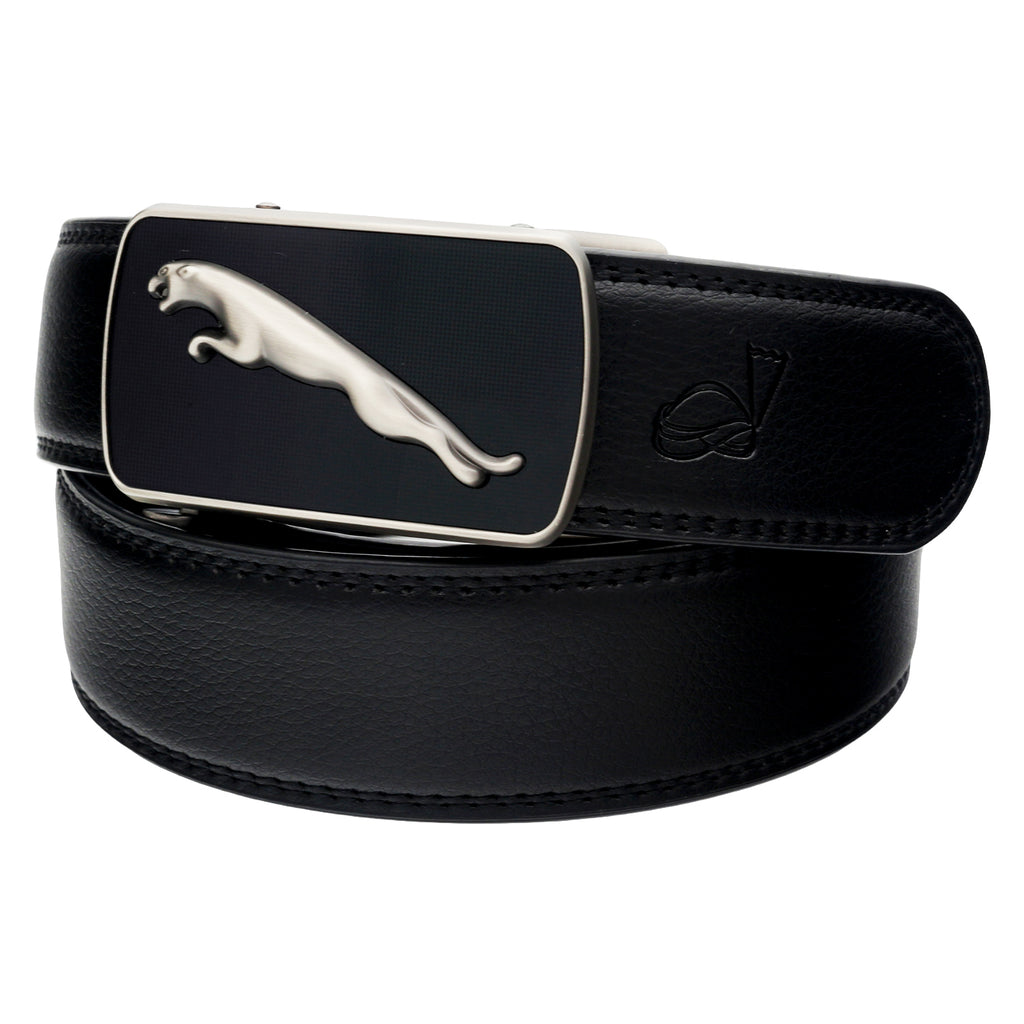 QHA Mens 35mm Ratchet Leather Belt, Matte Silver Jaguar Automatic Buckle Q65