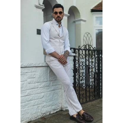 TruClothing Men's Linen 2 Piece Suit Waistcoat Trousers Cream Wedding